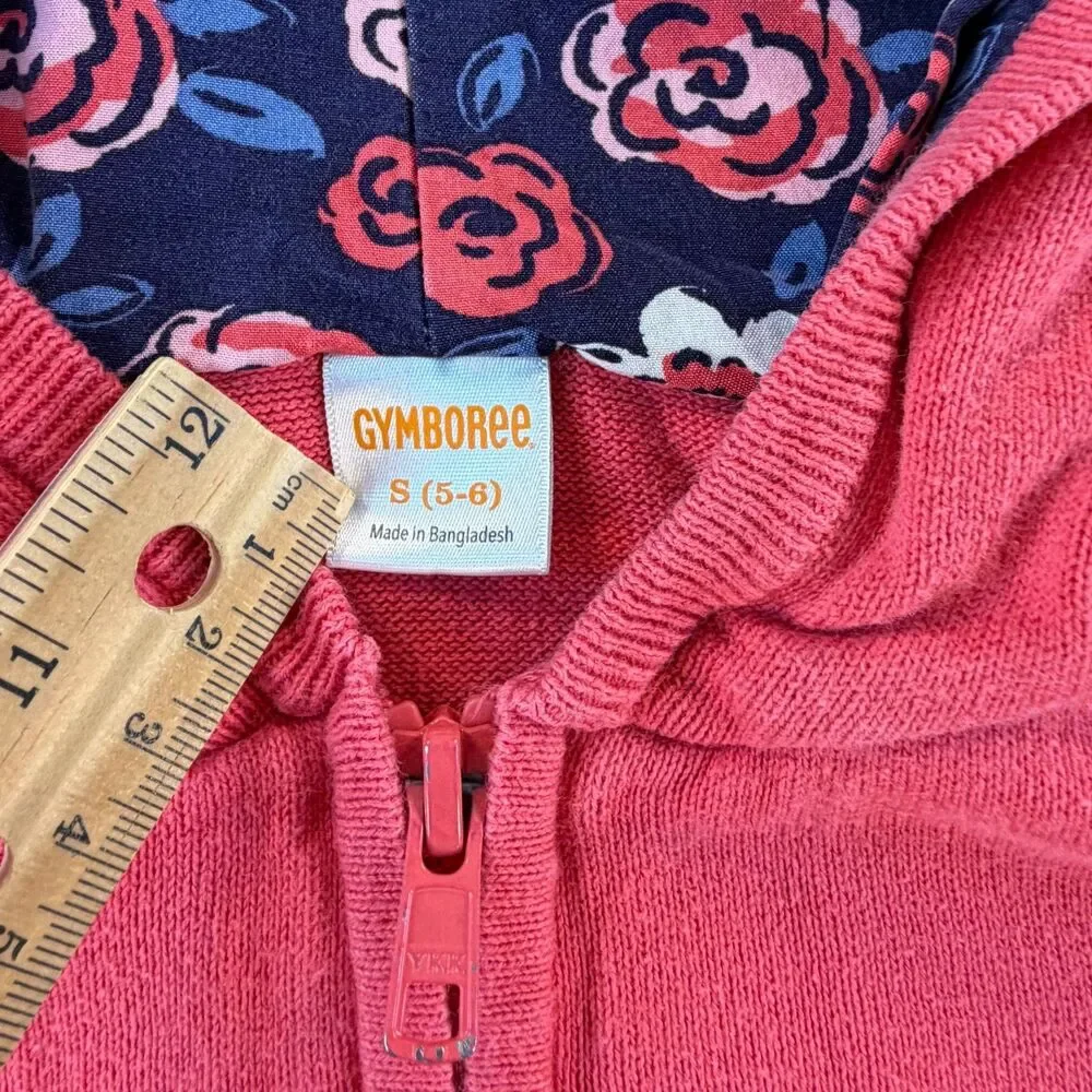Gymboree Hoodie Girls S 5-6 Pink Zip Up Floral Lined Cotton